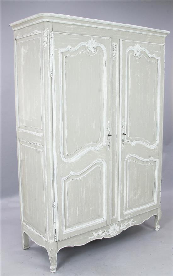 A French grey painted and carved wood armoire, W. 4ft 2in. D. 1ft 10in. H. 6ft 1in.